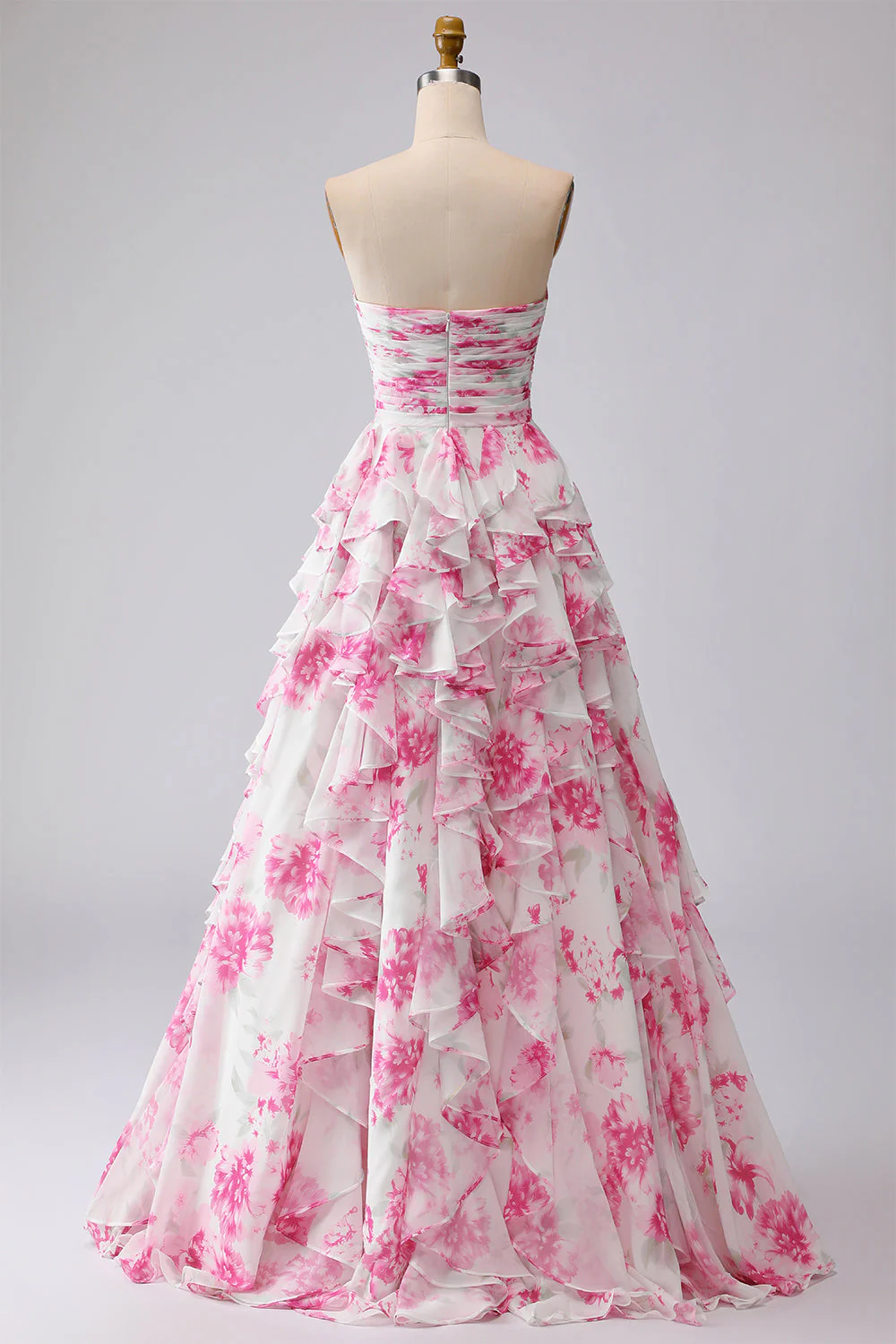 White Fuchsia Flower Strapless Pleated A-Line Long Prom Dress with Ruffles - Image 2