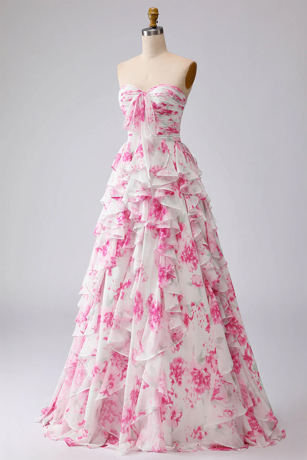 White Fuchsia Flower Strapless Pleated A-Line Long Prom Dress with Ruffles - Image 3