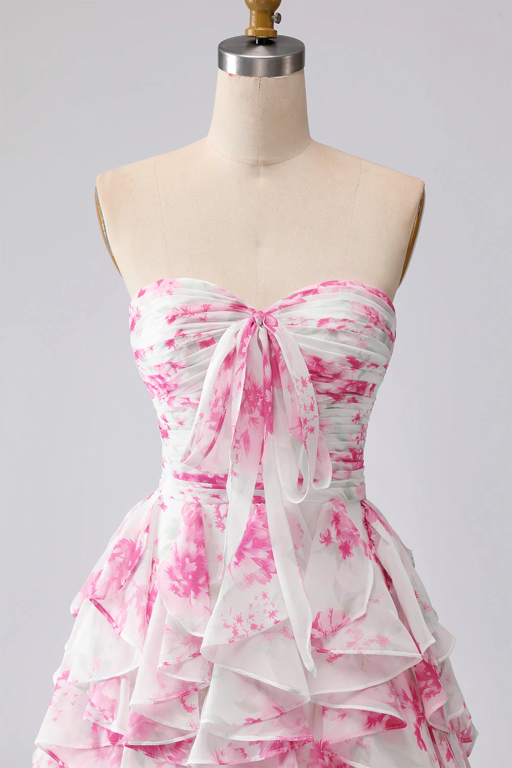 White Fuchsia Flower Strapless Pleated A-Line Long Prom Dress with Ruffles - Image 4