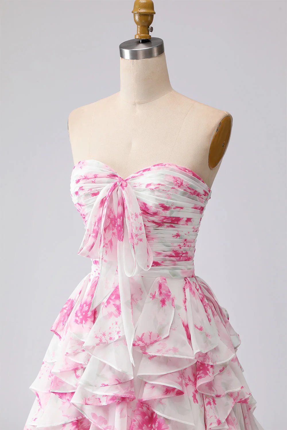 White Fuchsia Flower Strapless Pleated A-Line Long Prom Dress with Ruffles - Image 5