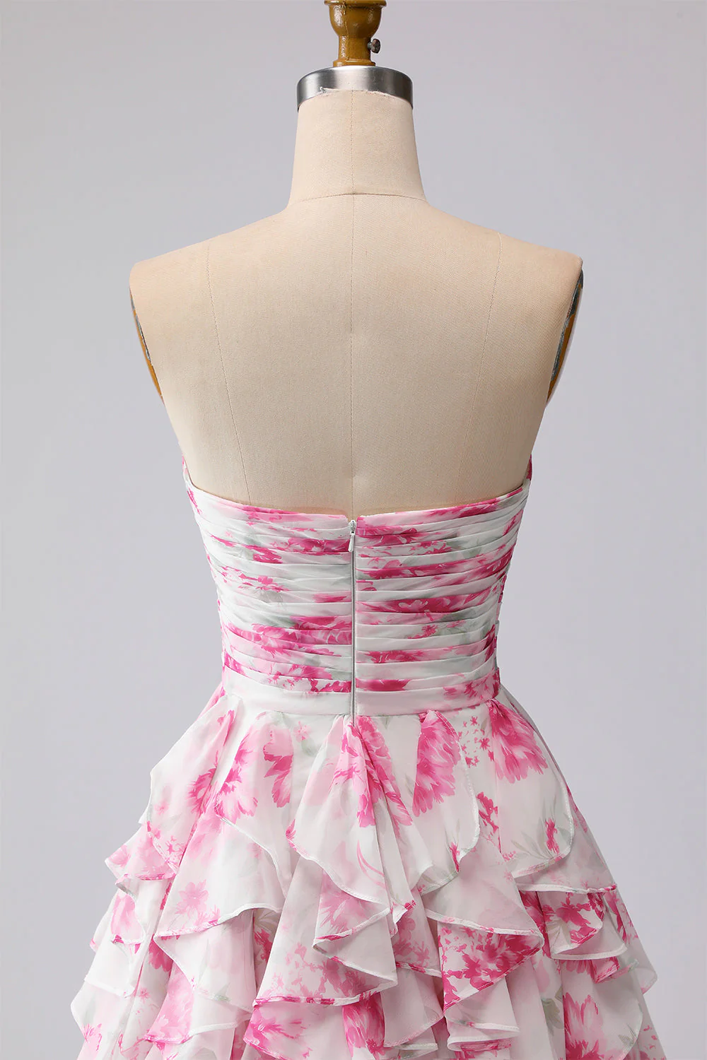 White Fuchsia Flower Strapless Pleated A-Line Long Prom Dress with Ruffles - Image 6