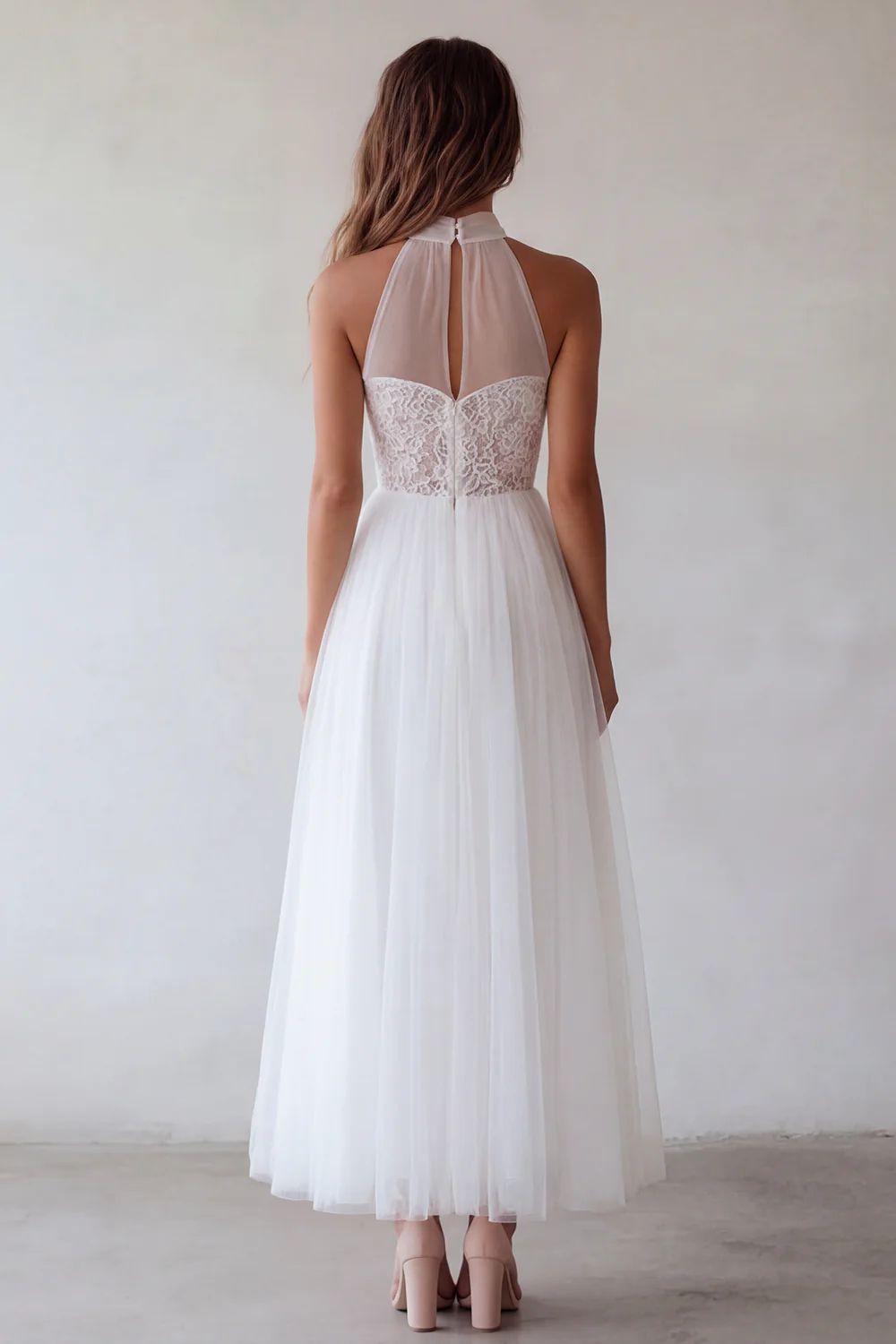 White Halter A-Line Cut Out Ruched Tulle Engagement Dress with Lace - Image 2