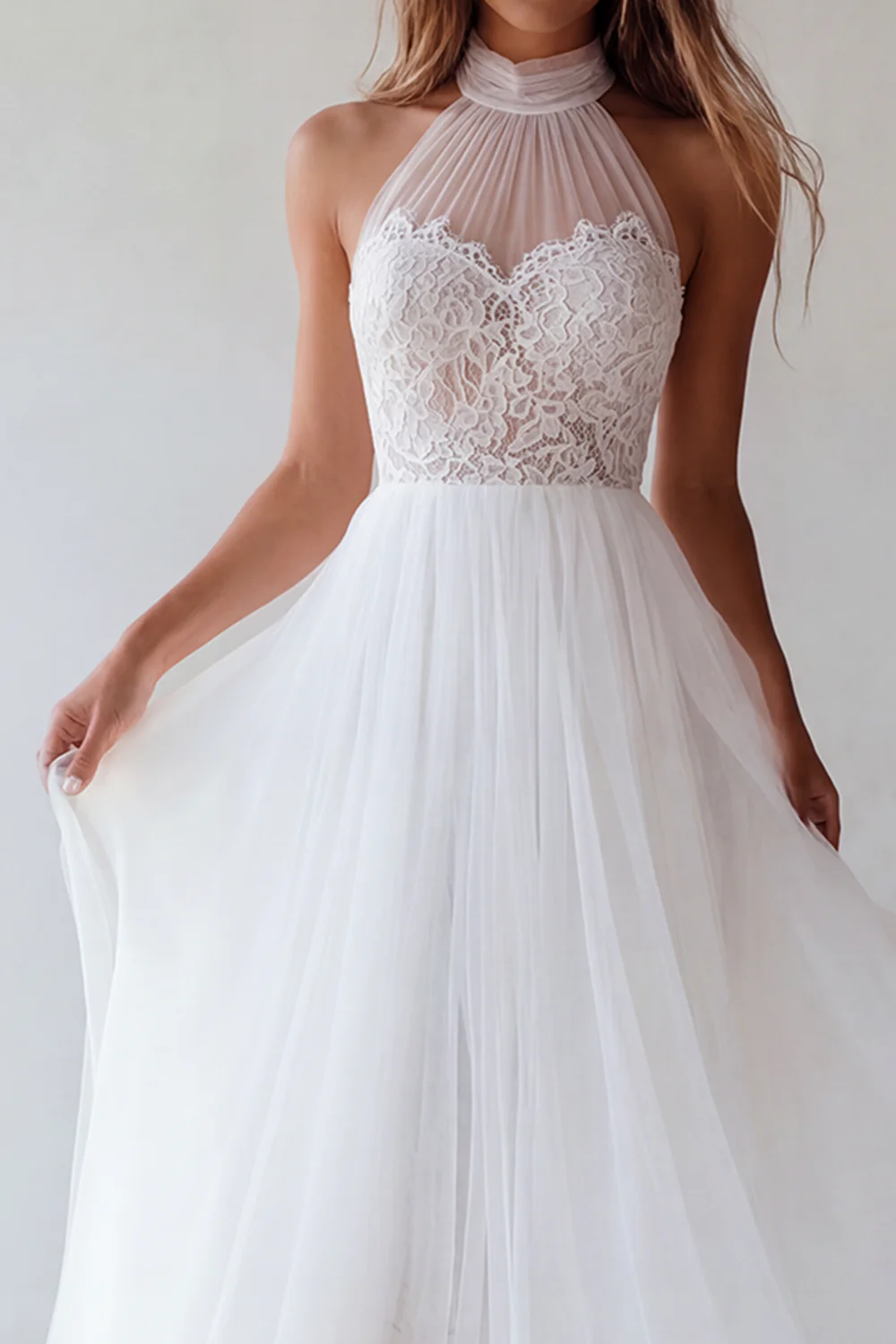 White Halter A-Line Cut Out Ruched Tulle Engagement Dress with Lace - Image 3