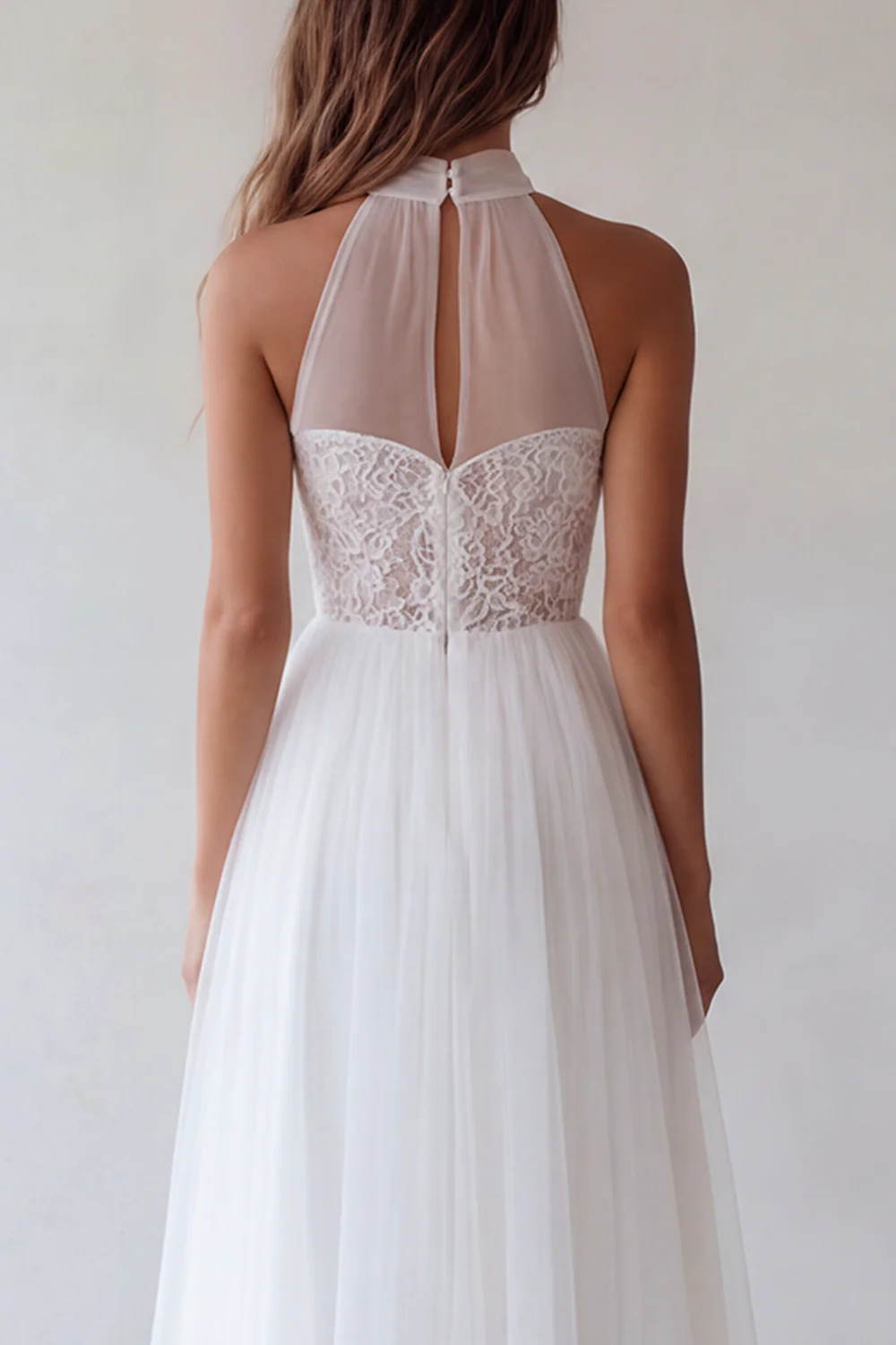 White Halter A-Line Cut Out Ruched Tulle Engagement Dress with Lace - Image 4