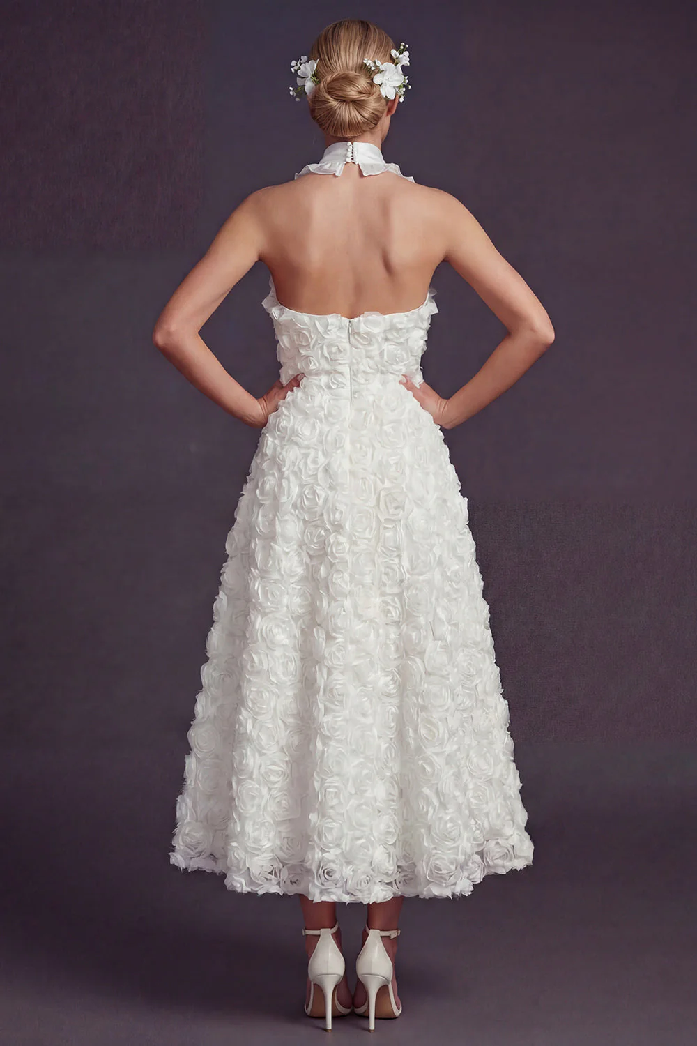 White Halter Cut Out A Line Long Wedding Dress with 3D Flowers - Image 2