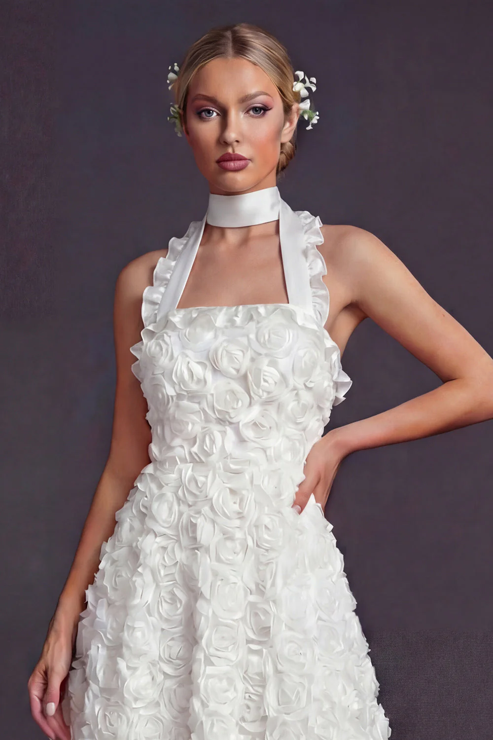 White Halter Cut Out A Line Long Wedding Dress with 3D Flowers - Image 3