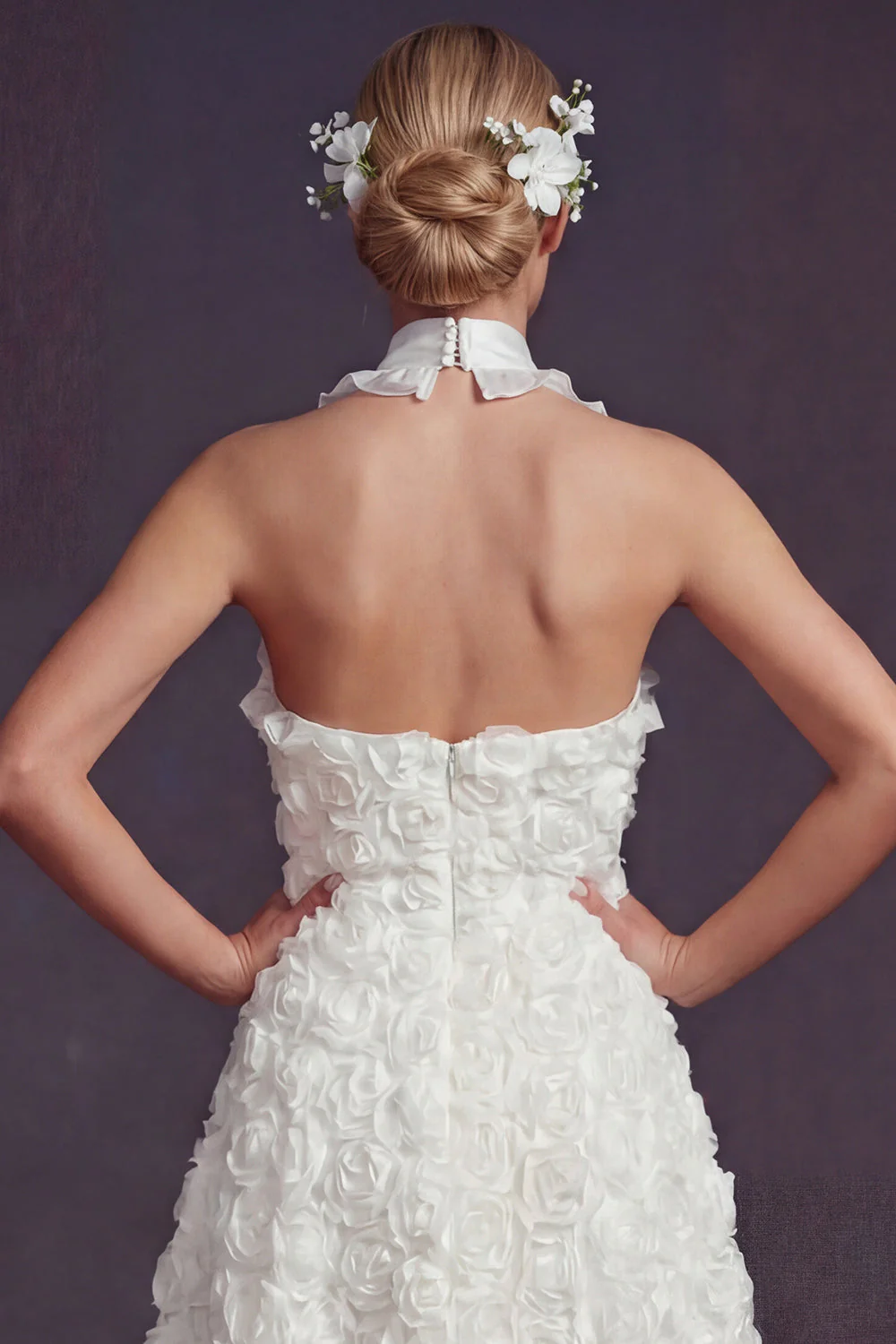White Halter Cut Out A Line Long Wedding Dress with 3D Flowers - Image 4
