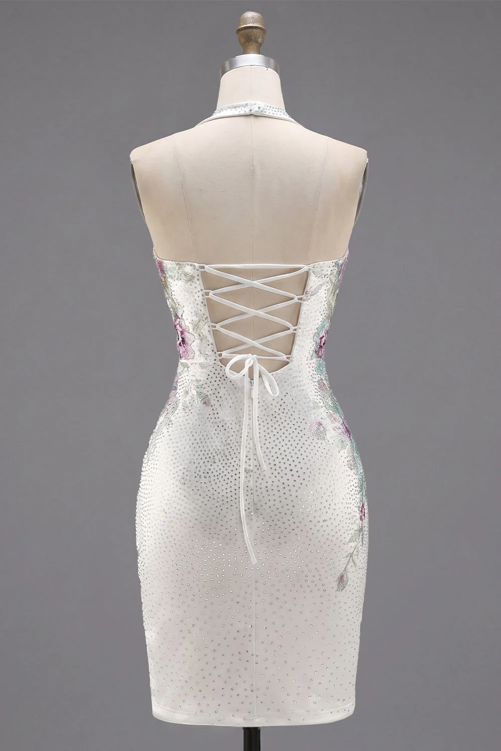 White Halter Bodycon Lace Up Back Party Dress with Beading - Image 2