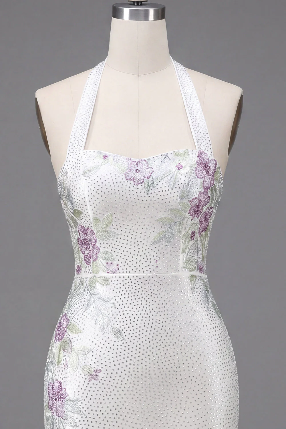 White Halter Bodycon Lace Up Back Party Dress with Beading - Image 7