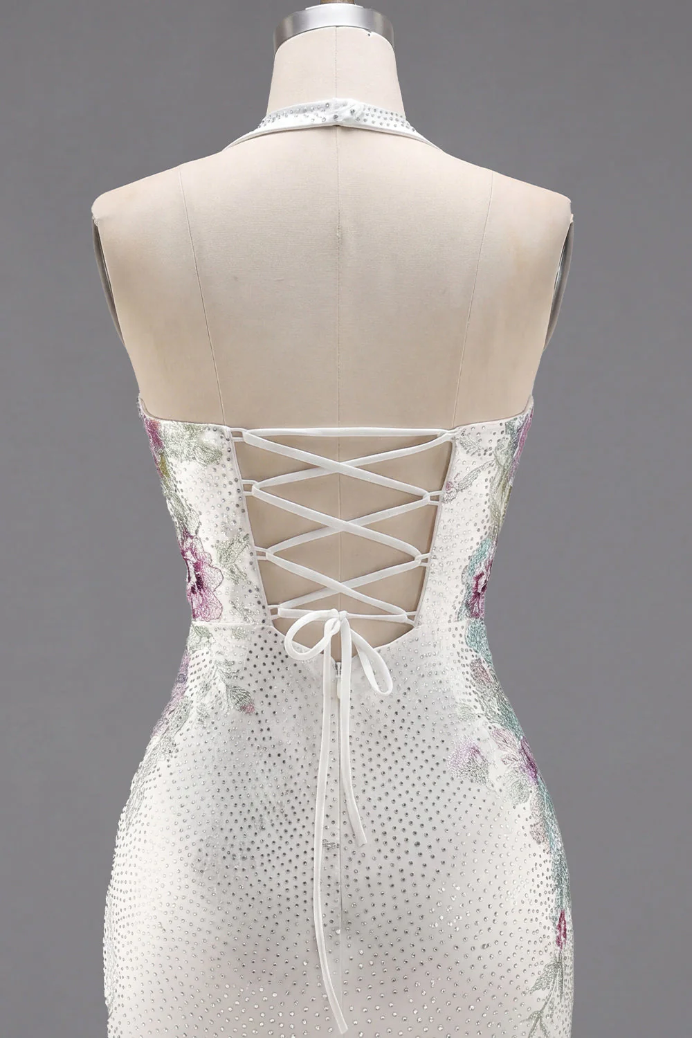 White Halter Bodycon Lace Up Back Party Dress with Beading - Image 8