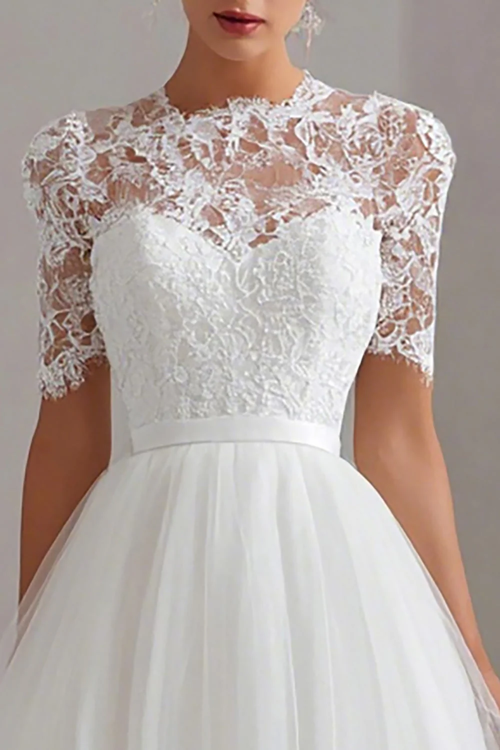 White High Neck A Line Lace Courthouse Wedding Dress - Image 2