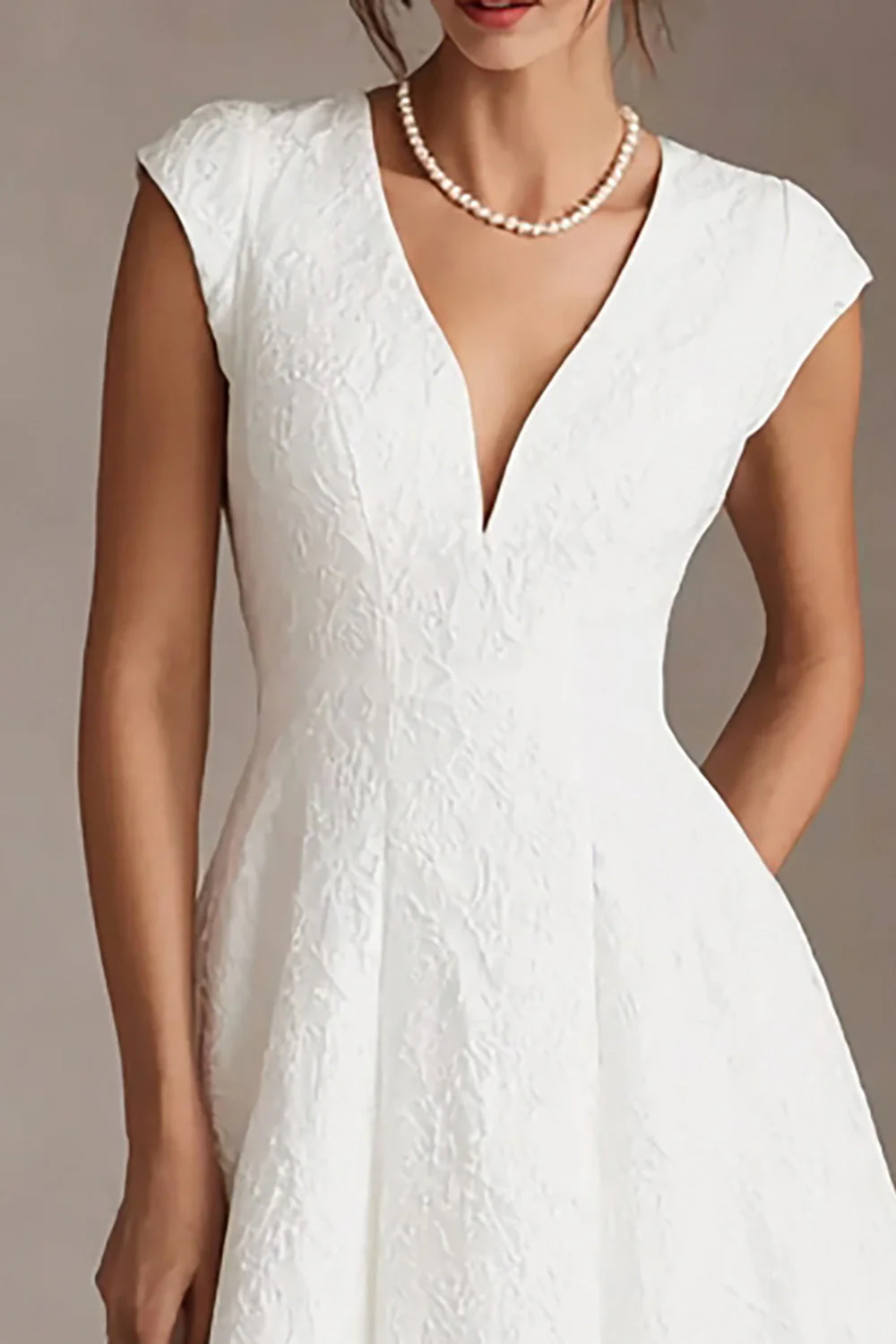 White Jacquard A Line V-Neck Midi Engagement Dress - Image 2