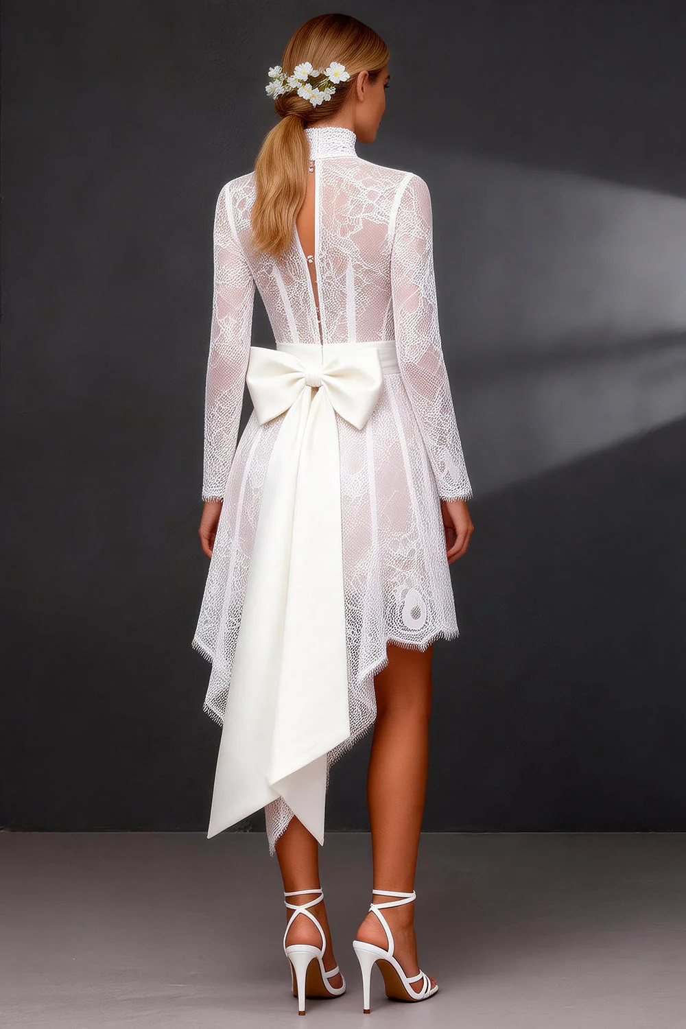 White Lace A Line Long Sleeves High-Low Wedding Dress with Bow - Image 2
