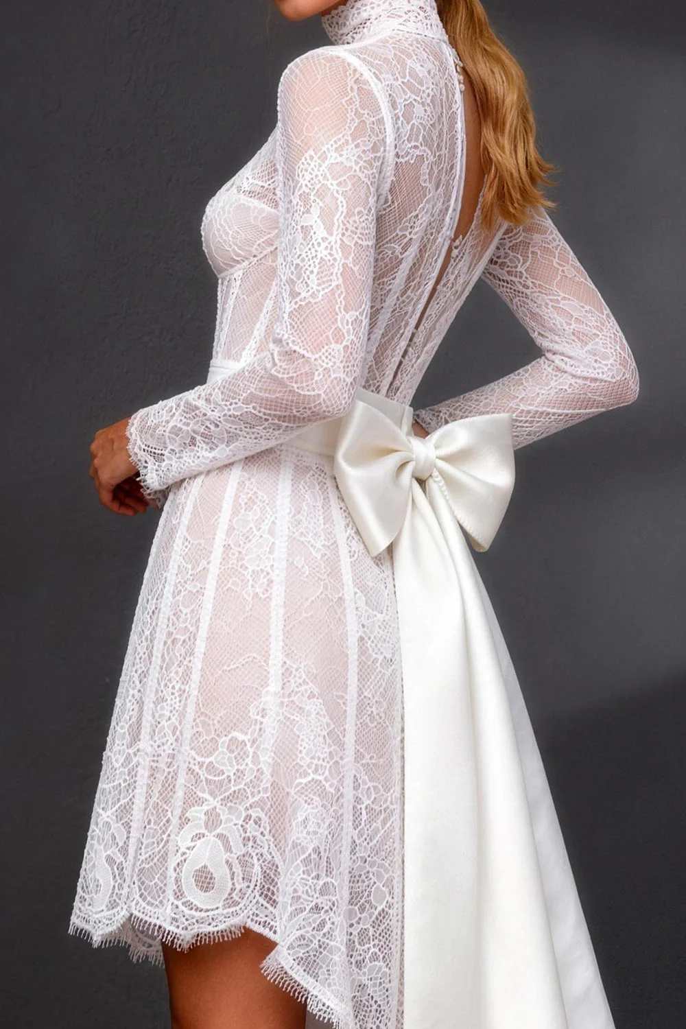 White Lace A Line Long Sleeves High-Low Wedding Dress with Bow - Image 4