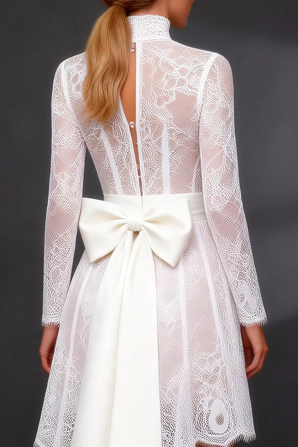 White Lace A Line Long Sleeves High-Low Wedding Dress with Bow - Image 6