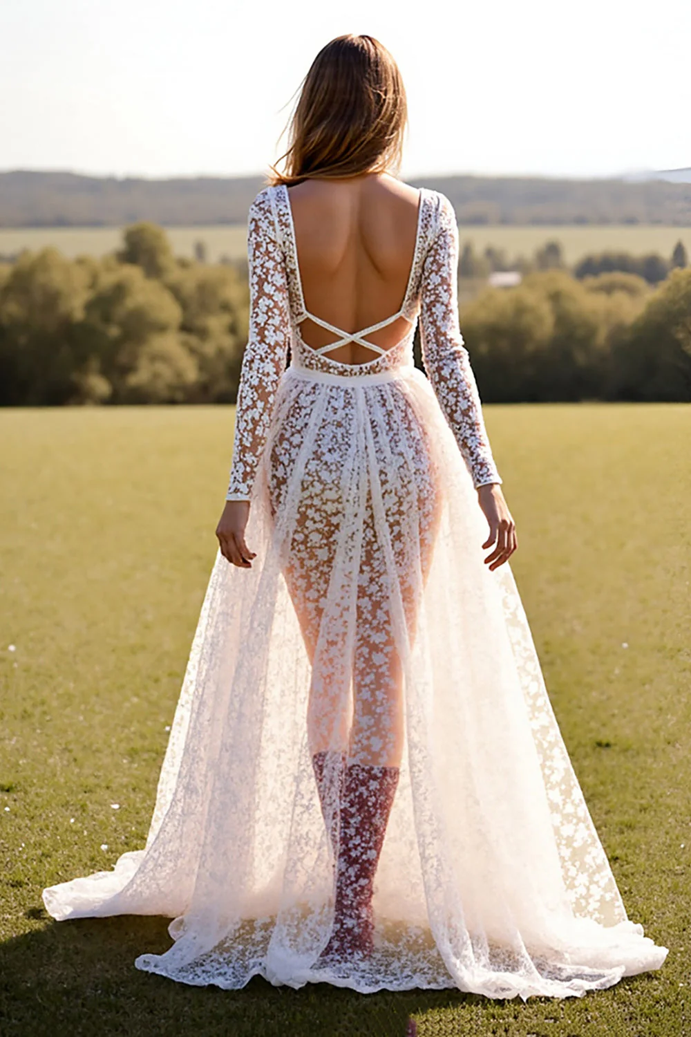 White Lace A Line Western Wedding Dress with Long Sleeves - Image 2