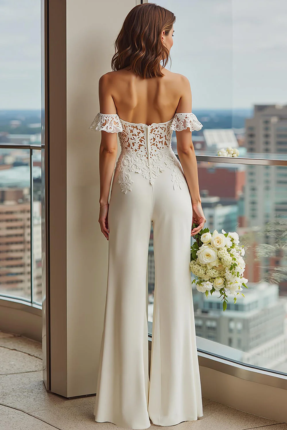 White Lace Off the Shoulder Bridal Jumpsuits - Image 2