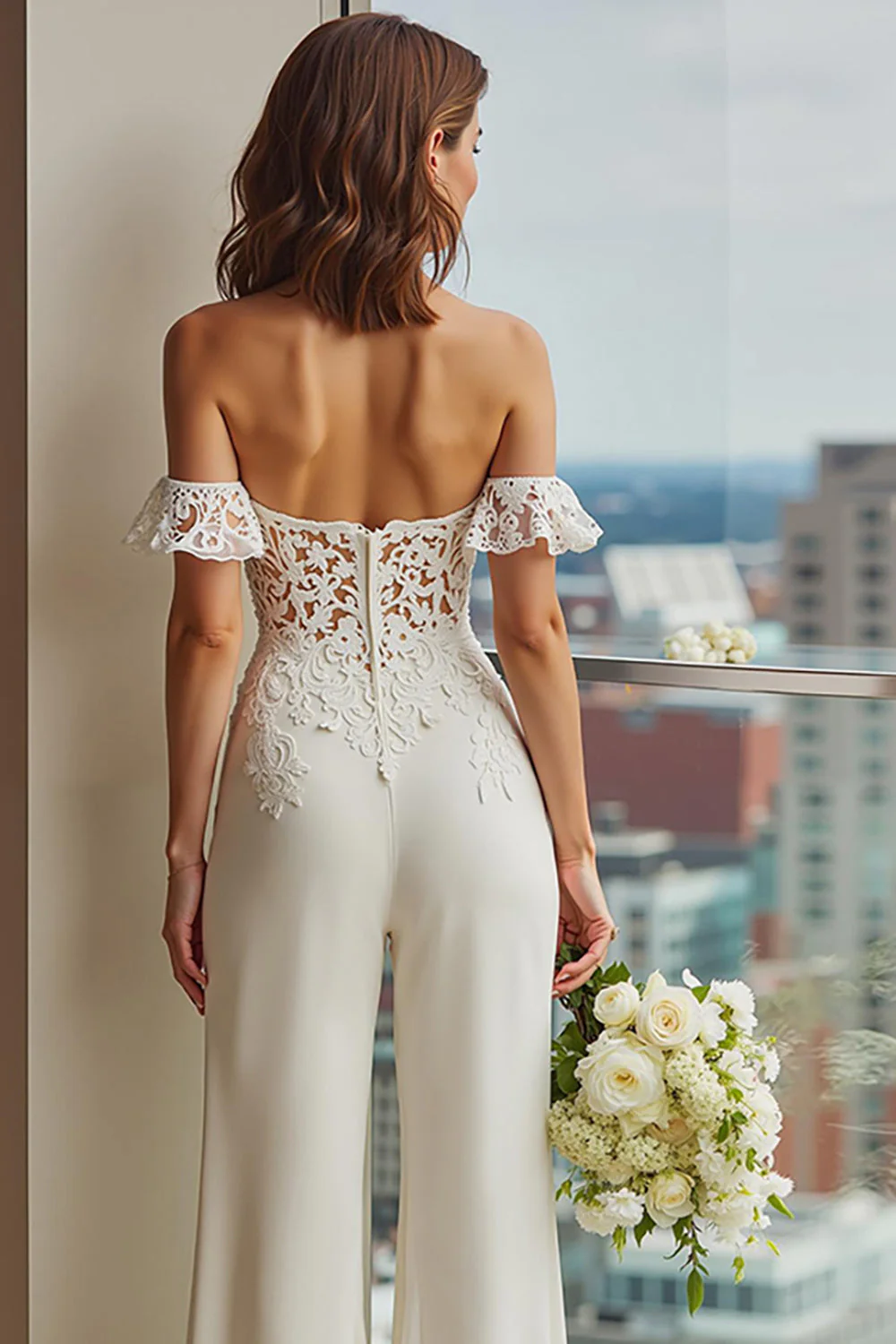 White Lace Off the Shoulder Bridal Jumpsuits - Image 4