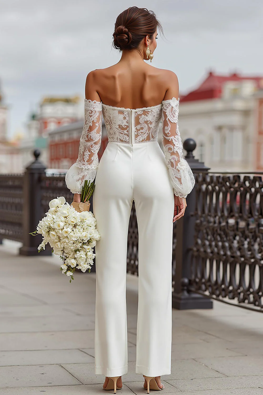 White Lace Off the Shoulder Bridal Jumpsuits with Pockets - Image 2