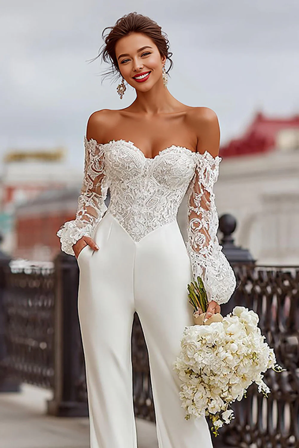 White Lace Off the Shoulder Bridal Jumpsuits with Pockets - Image 3