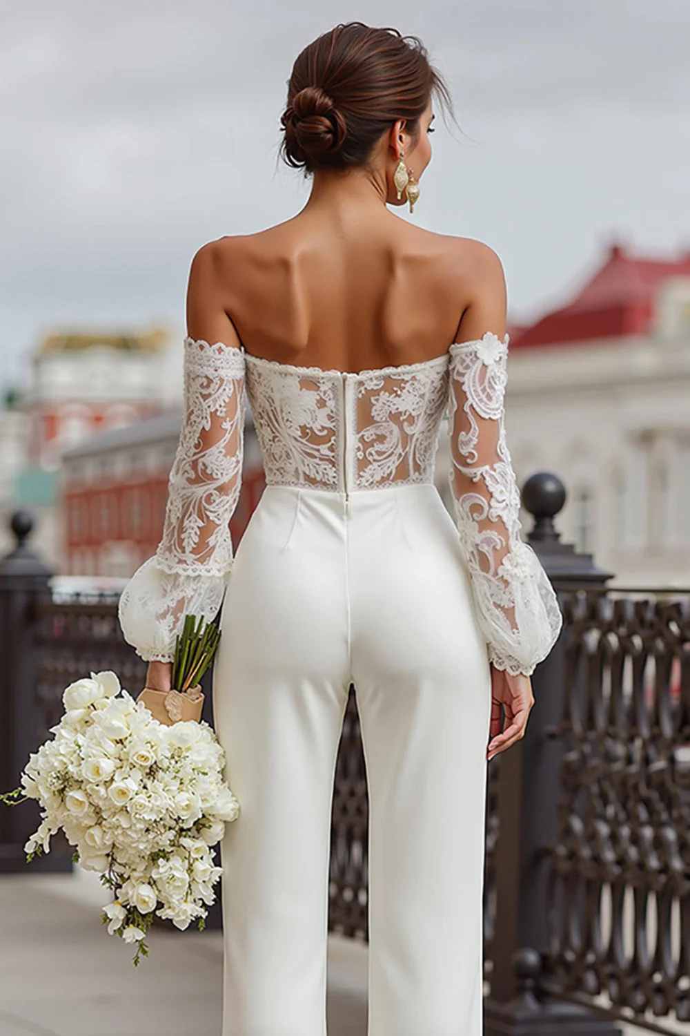 White Lace Off the Shoulder Bridal Jumpsuits with Pockets - Image 4