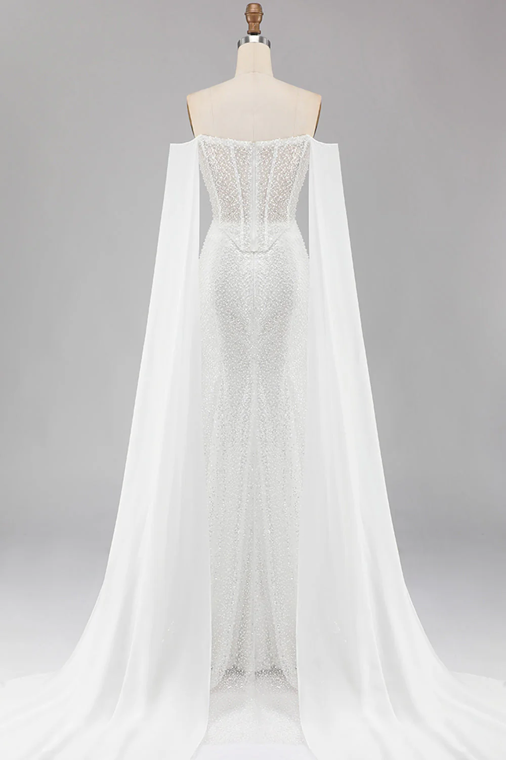 White Mermaid Beaded Sweetheart Sequin Long Prom Dress with Cape - Image 2