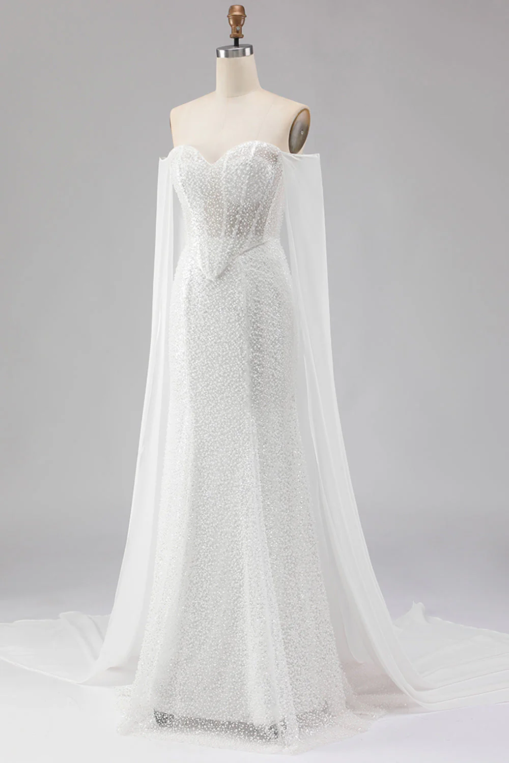 White Mermaid Beaded Sweetheart Sequin Long Prom Dress with Cape - Image 3