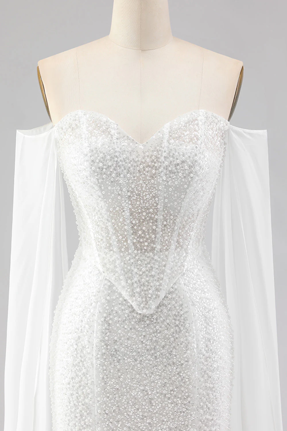White Mermaid Beaded Sweetheart Sequin Long Prom Dress with Cape - Image 4