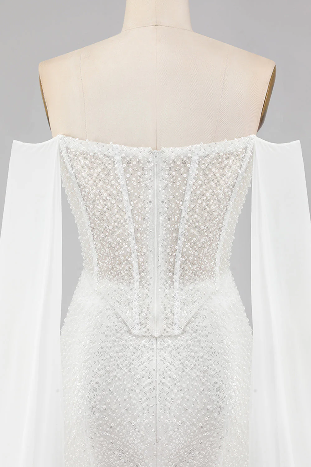 White Mermaid Beaded Sweetheart Sequin Long Prom Dress with Cape - Image 5