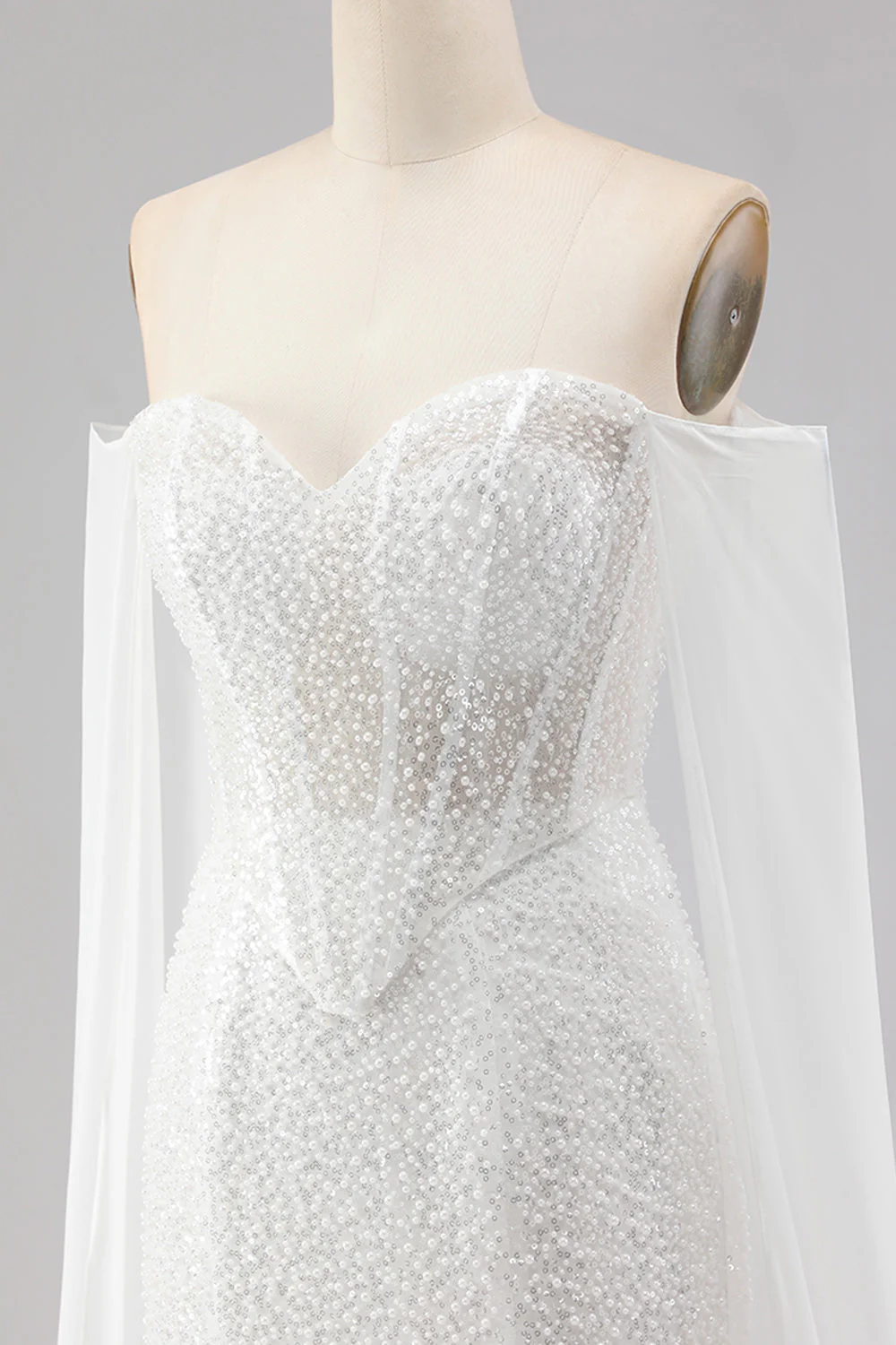 White Mermaid Beaded Sweetheart Sequin Long Prom Dress with Cape - Image 6