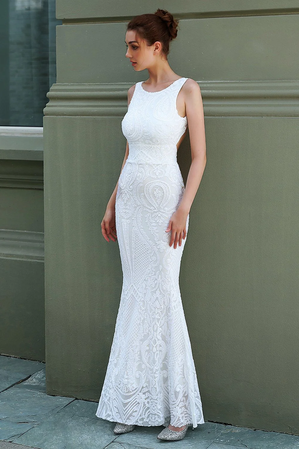 White Mermaid Round Neck Long Engagement Dress - Image 4
