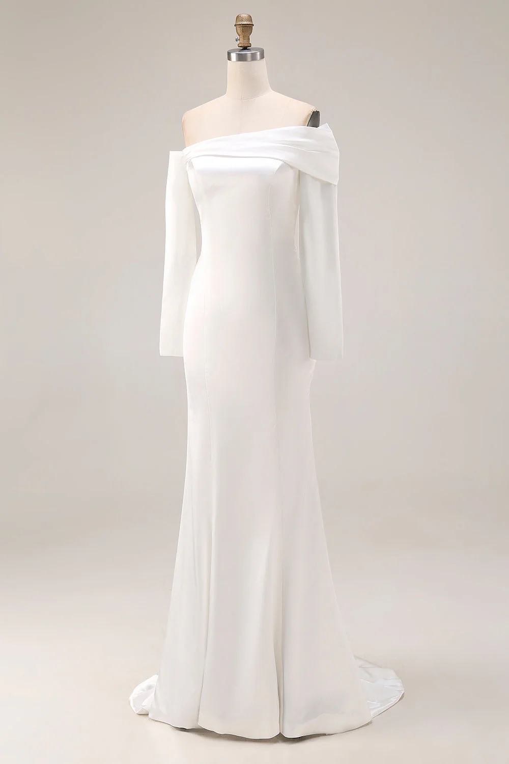 White Mermaid Off The Shoulder Wedding Dress with Long Sleeves - Image 3