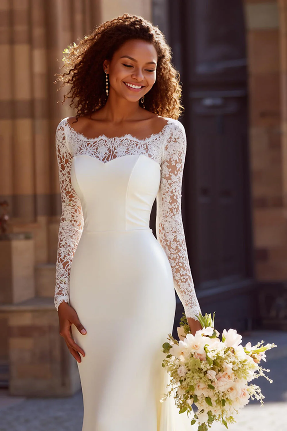 White Mermaid Sweep Train Long Sleeves Wedding Dress with Lace - Image 2