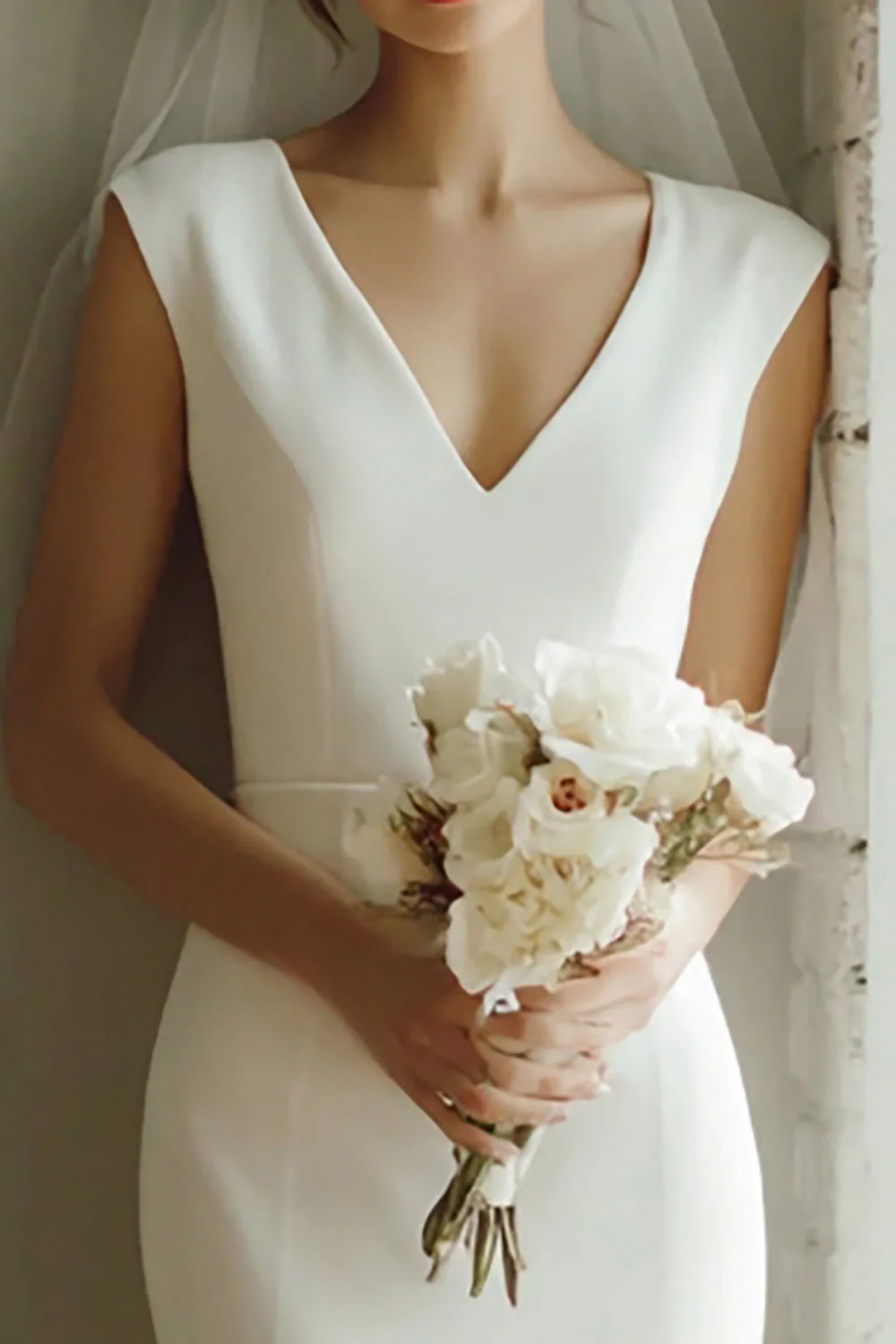 White Mermaid V Neck Midi Courthouse Wedding Dress - Image 2