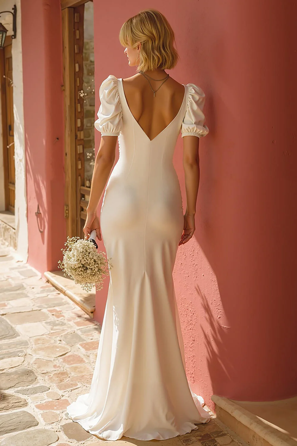 White Mermaid V-Neck Wedding Dress with Slit - Image 2