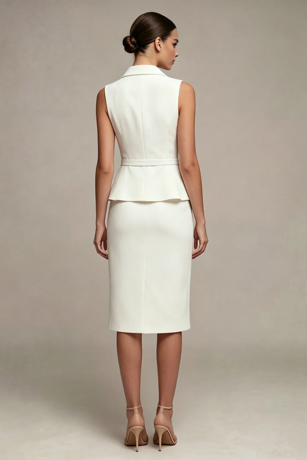 White 2 Piece Notched Lapel Single Breasted Midi Work Dress with Slit - Image 2