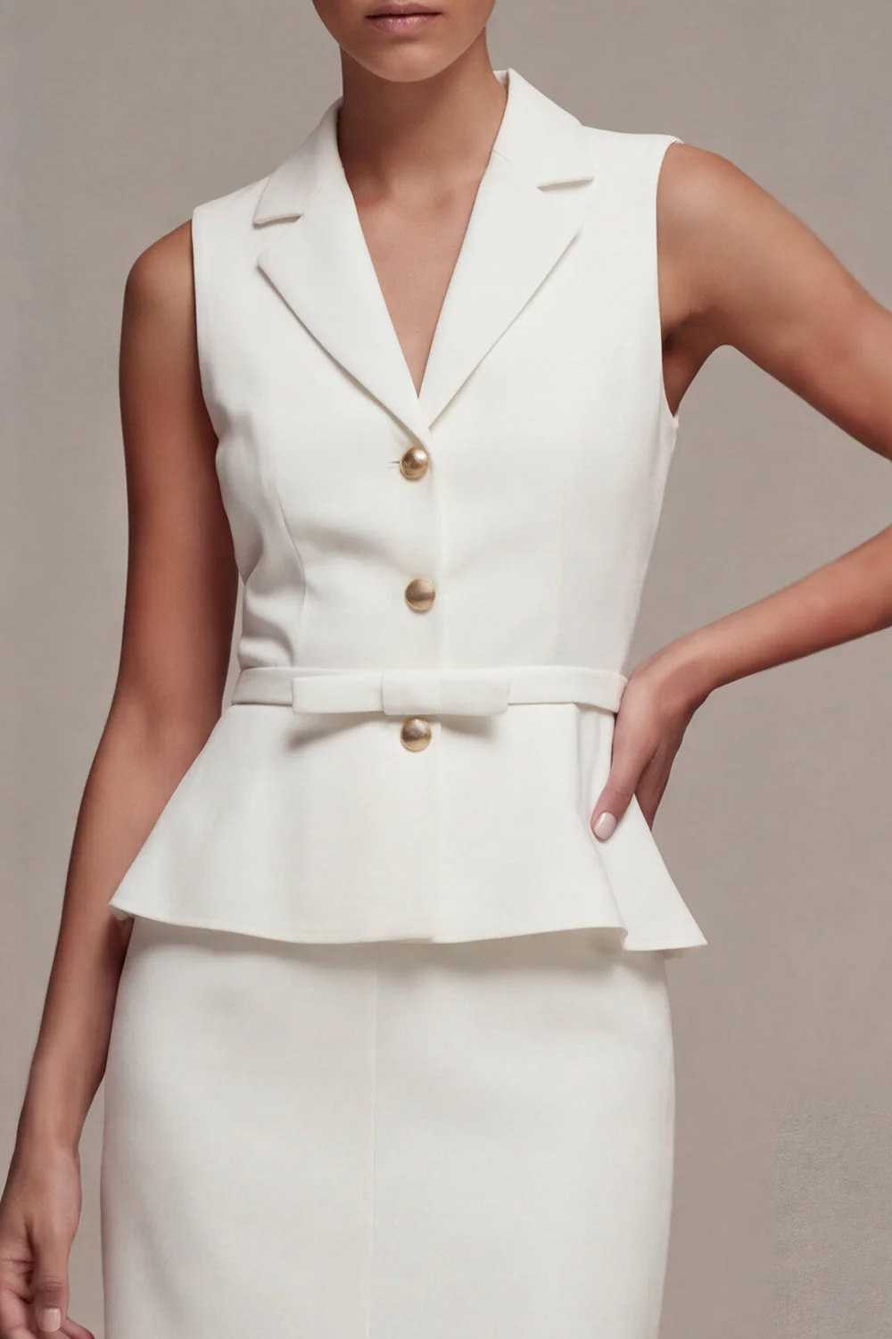 White 2 Piece Notched Lapel Single Breasted Midi Work Dress with Slit - Image 3
