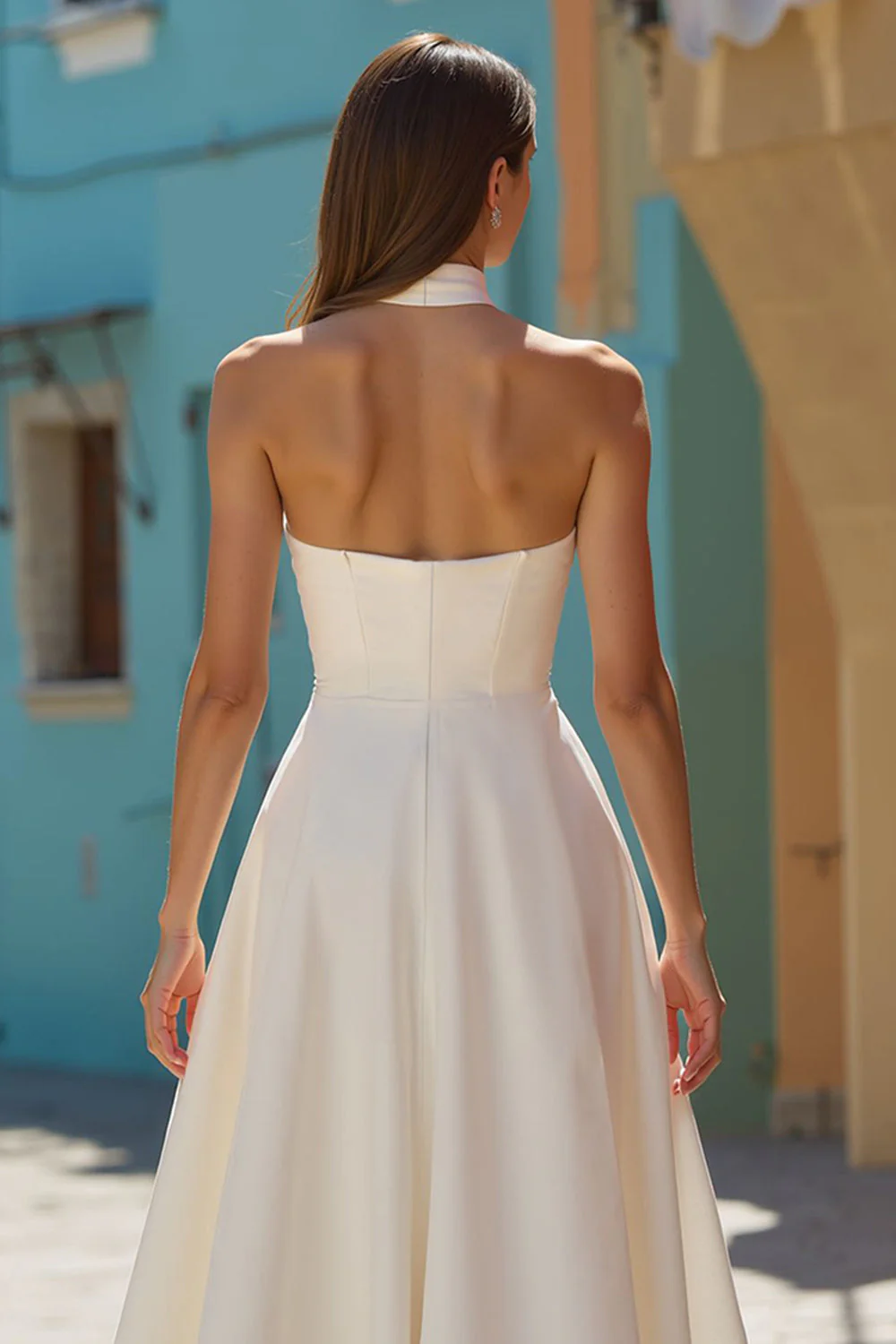 White Midi Halter A-Line Hollow Out Wedding Dress - Image 4
