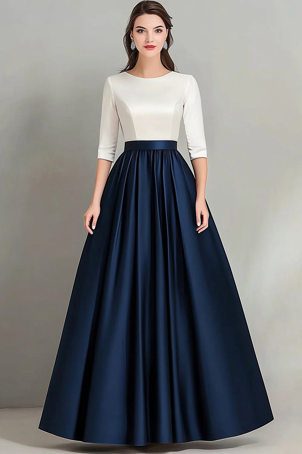 White Navy A Line Boat Neck Long Choir Dress with Half Sleeves - Image 2