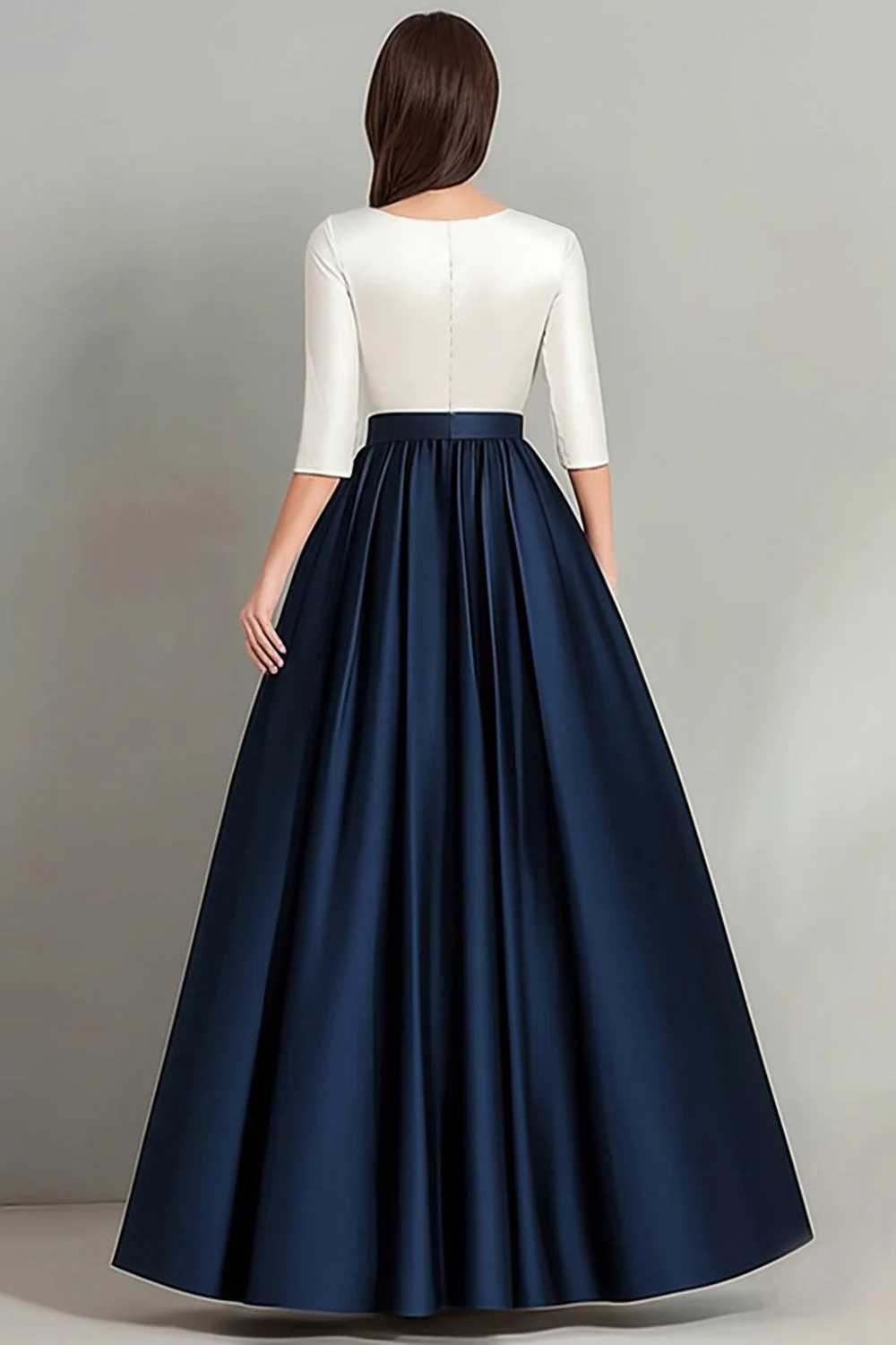 White Navy A Line Boat Neck Long Choir Dress with Half Sleeves - Image 3