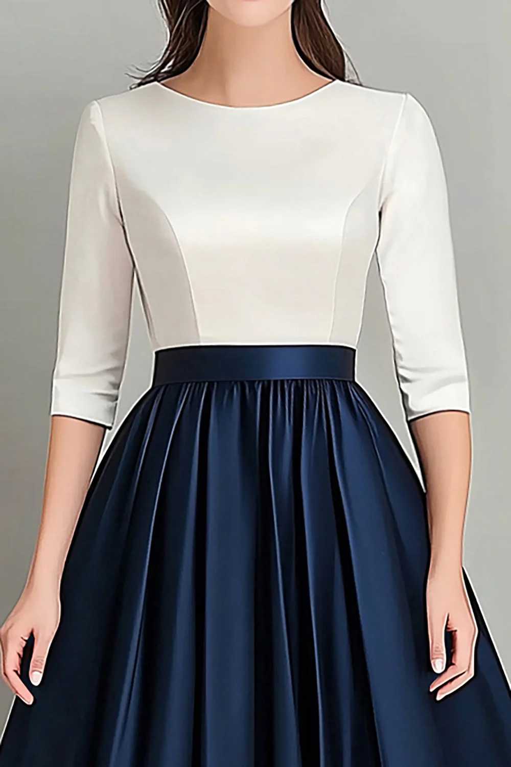 White Navy A Line Boat Neck Long Choir Dress with Half Sleeves - Image 4
