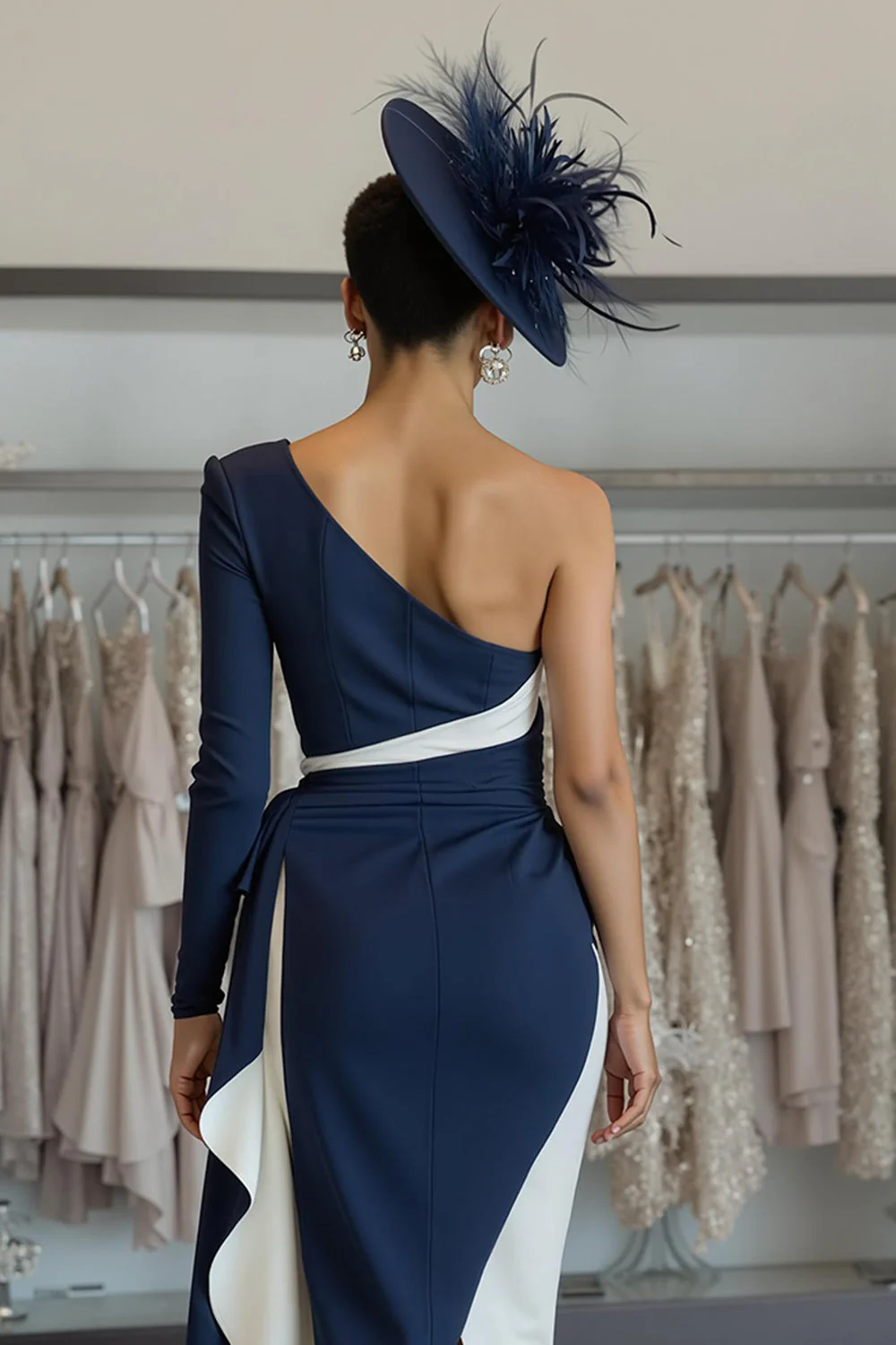White Navy Bodycon One Shoulder Midi Mother Of The Bride Dress with Sash - Image 4