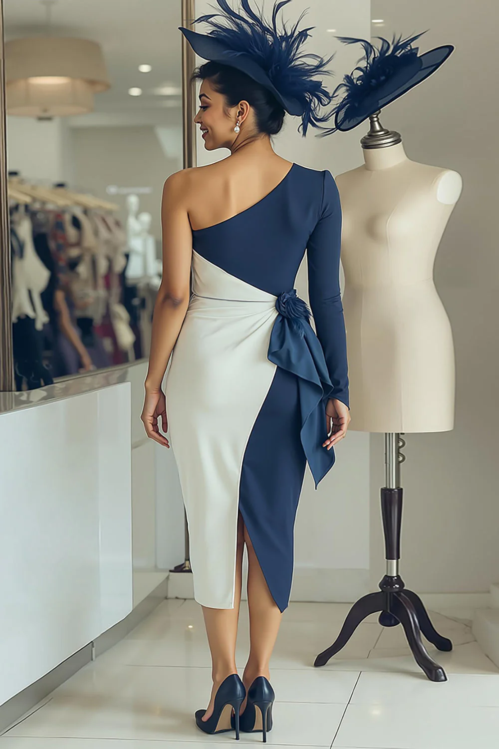 White Navy One Shoulder Bodycon Midi Mother Of The Bride Dress with Sash - Image 2