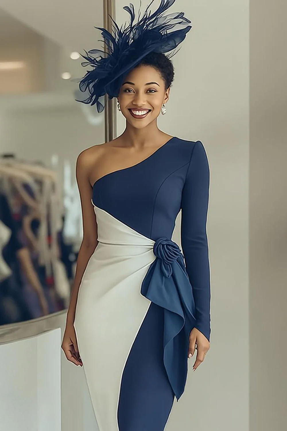 White Navy One Shoulder Bodycon Midi Mother Of The Bride Dress with Sash - Image 3