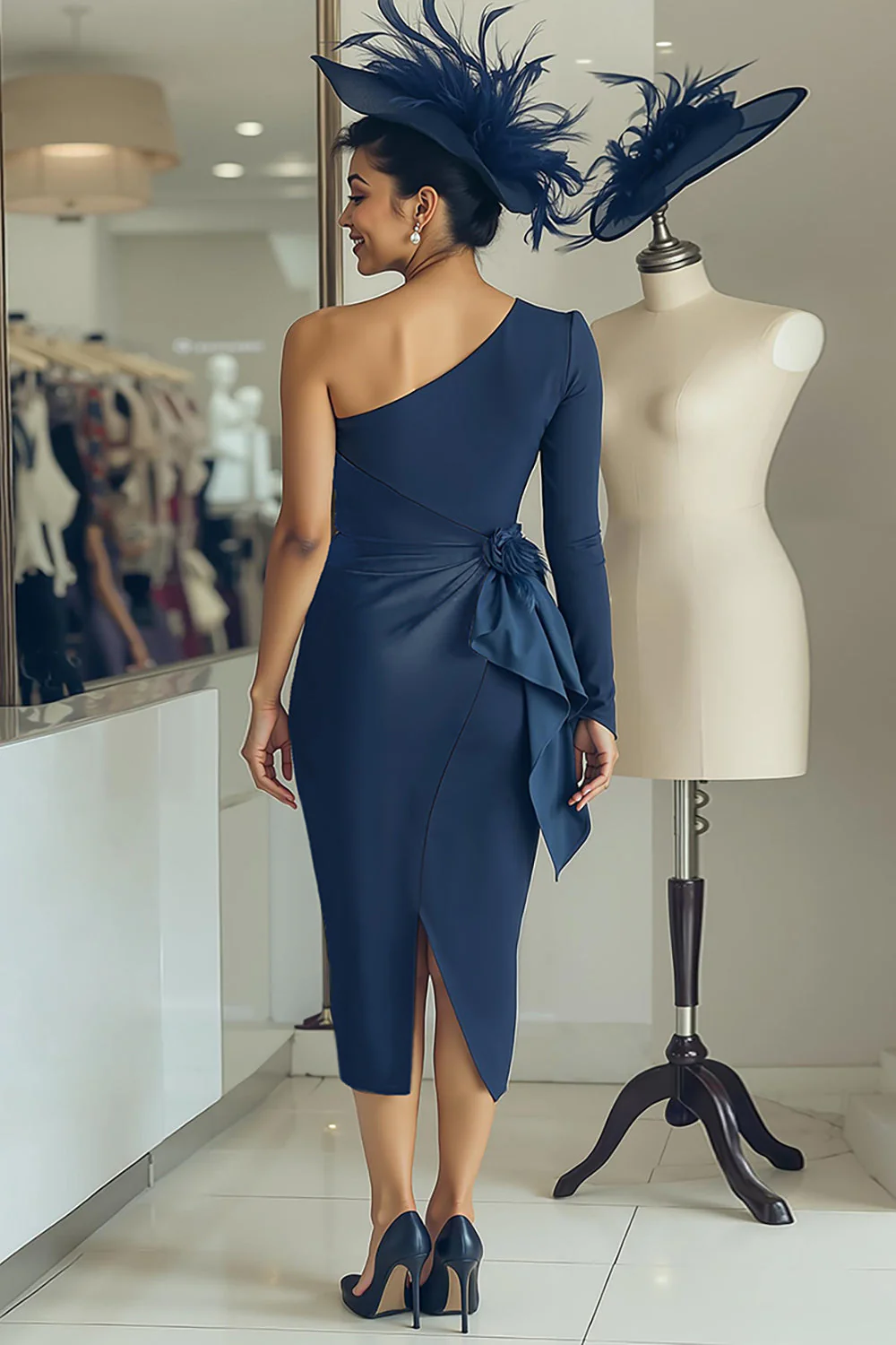White Navy One Shoulder Bodycon Midi Mother Of The Bride Dress with Sash - Image 5