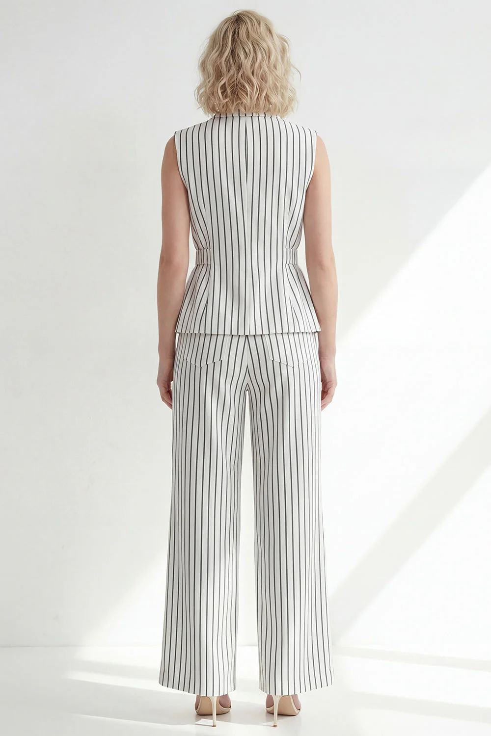 White Stripe Notched Lapel One Button Women Suit - Image 2
