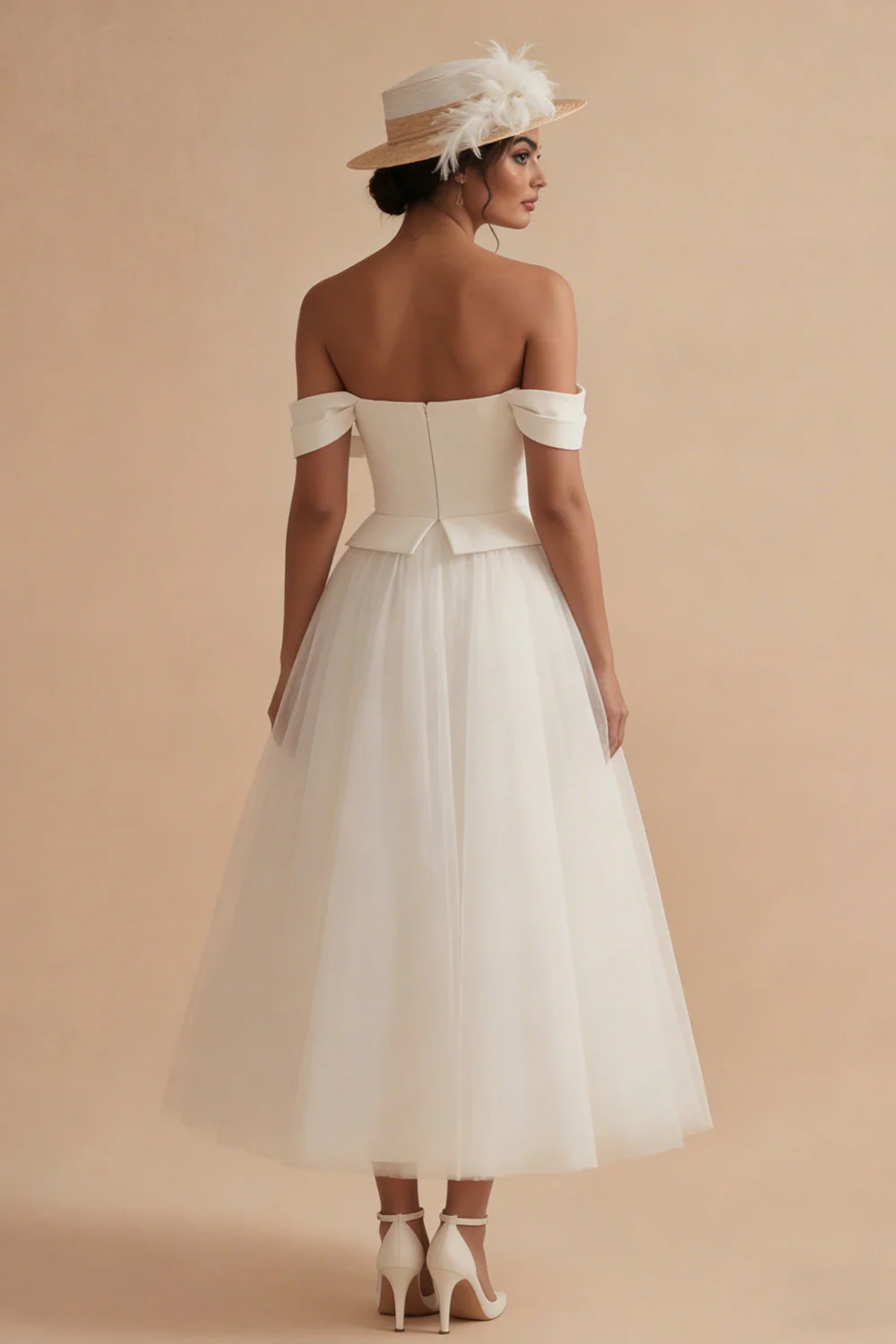 White Off the Shoulder A Line Long Tulle Wedding Dress - Image 2