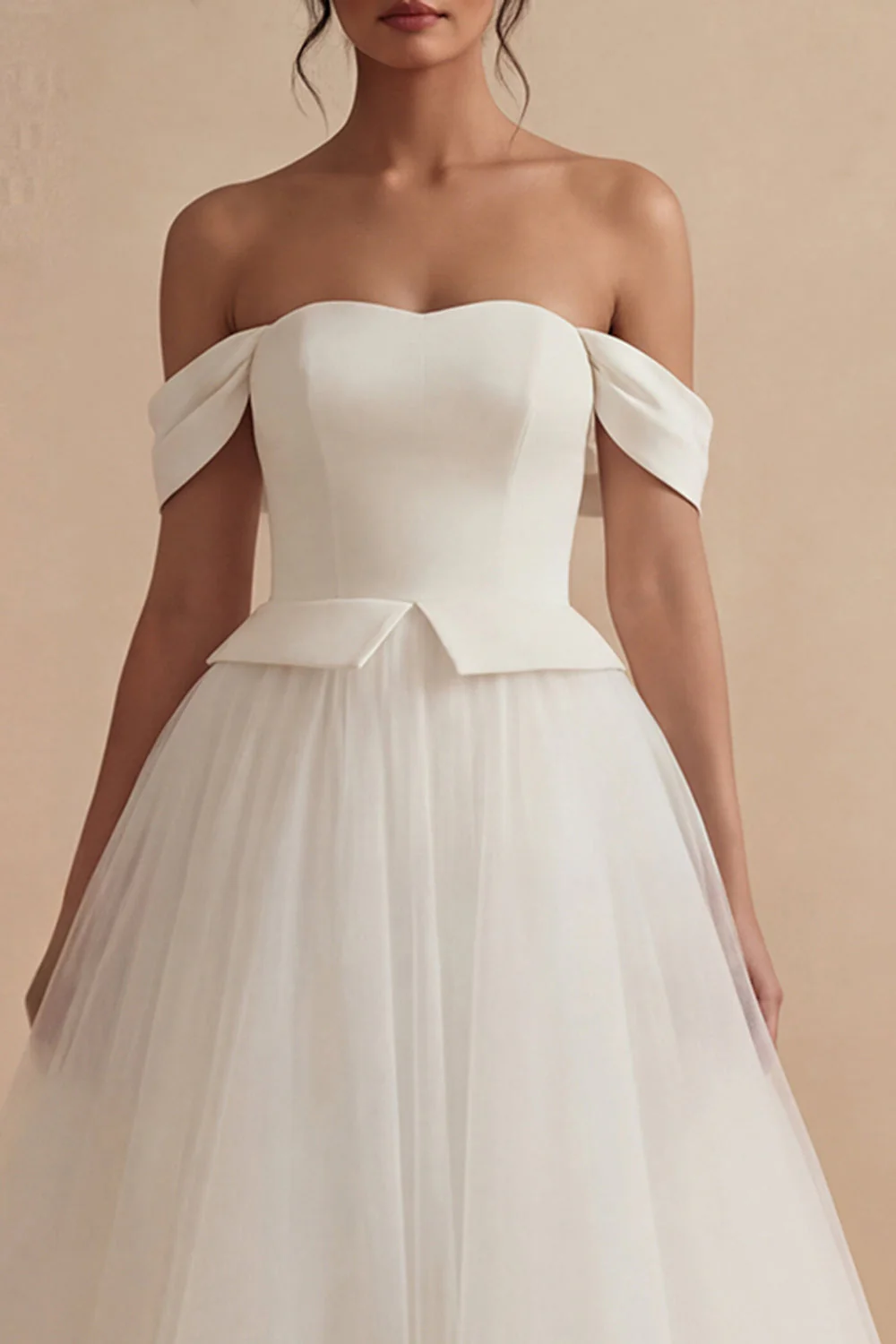White Off the Shoulder A Line Long Tulle Wedding Dress - Image 3