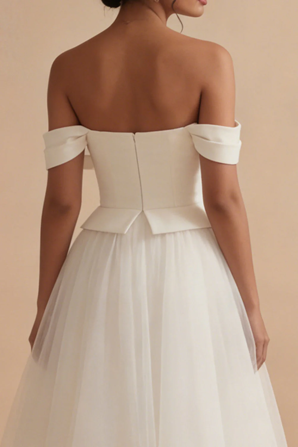White Off the Shoulder A Line Long Tulle Wedding Dress - Image 4