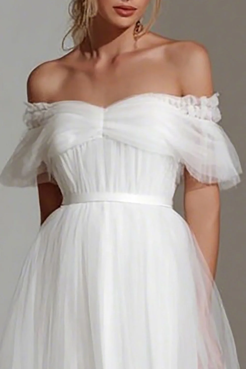 White Off The Shoulder A Line Midi Courthouse Wedding Dress - Image 2